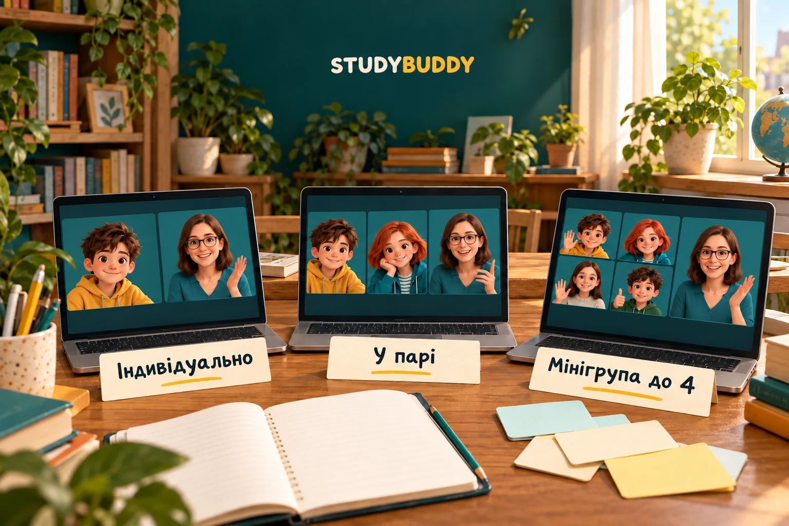 Ілюстрація трьох форматів StudyBuddy: один учень, пара та чотири учні з окремим викладачем на екрані кожного ноутбука.