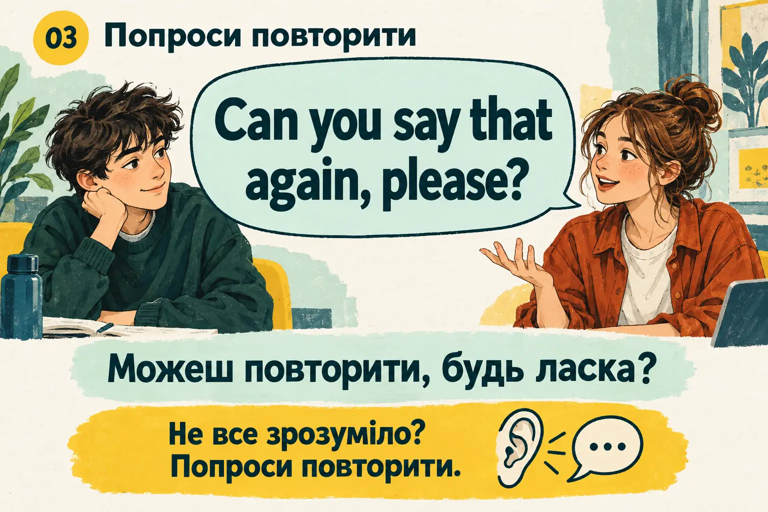 Підліток просить повторити: Can you say that again, please? із перекладом українською.