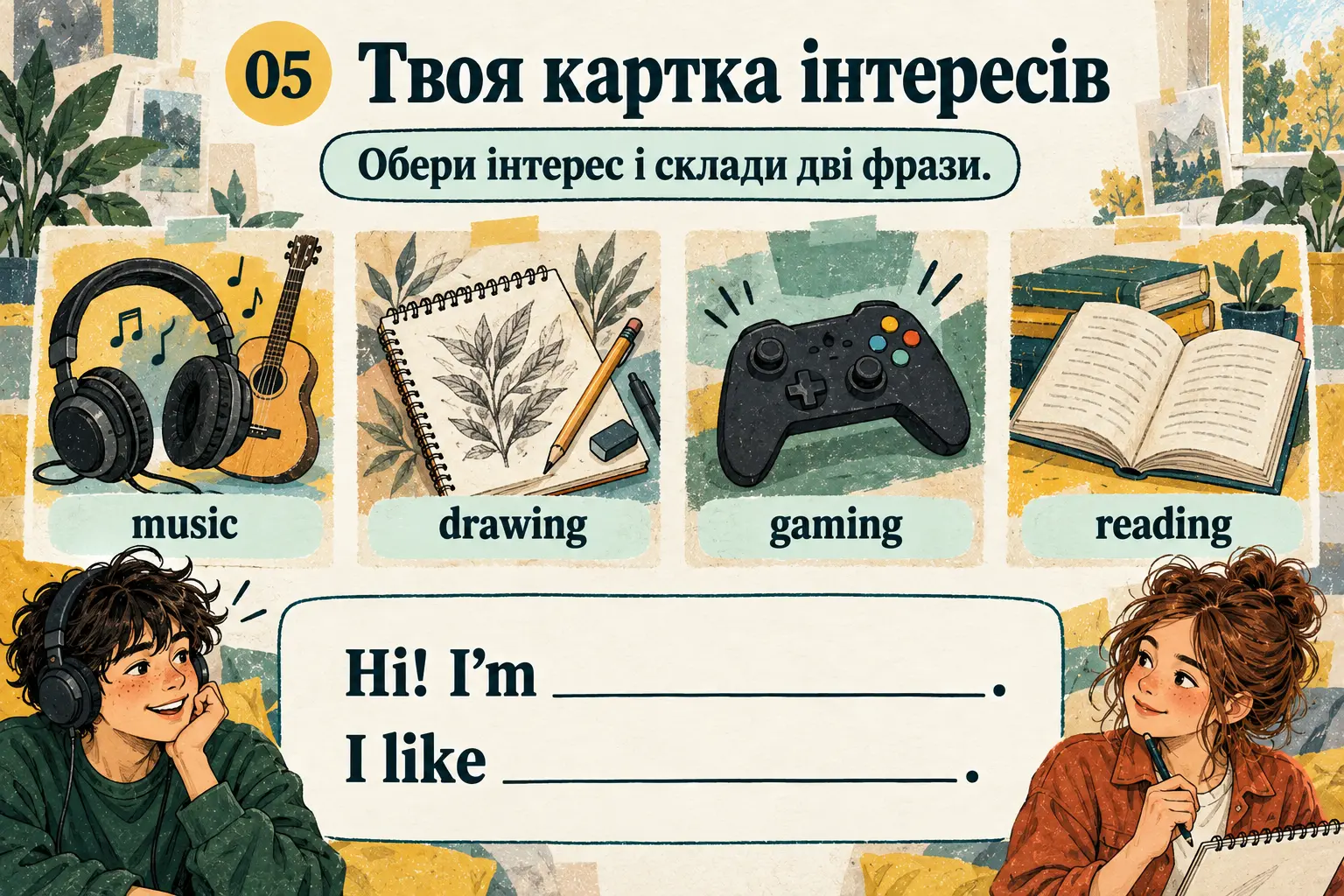 Чотири інтереси: music, drawing, gaming, reading; незаповнені фрази Hi! I’m та I like.