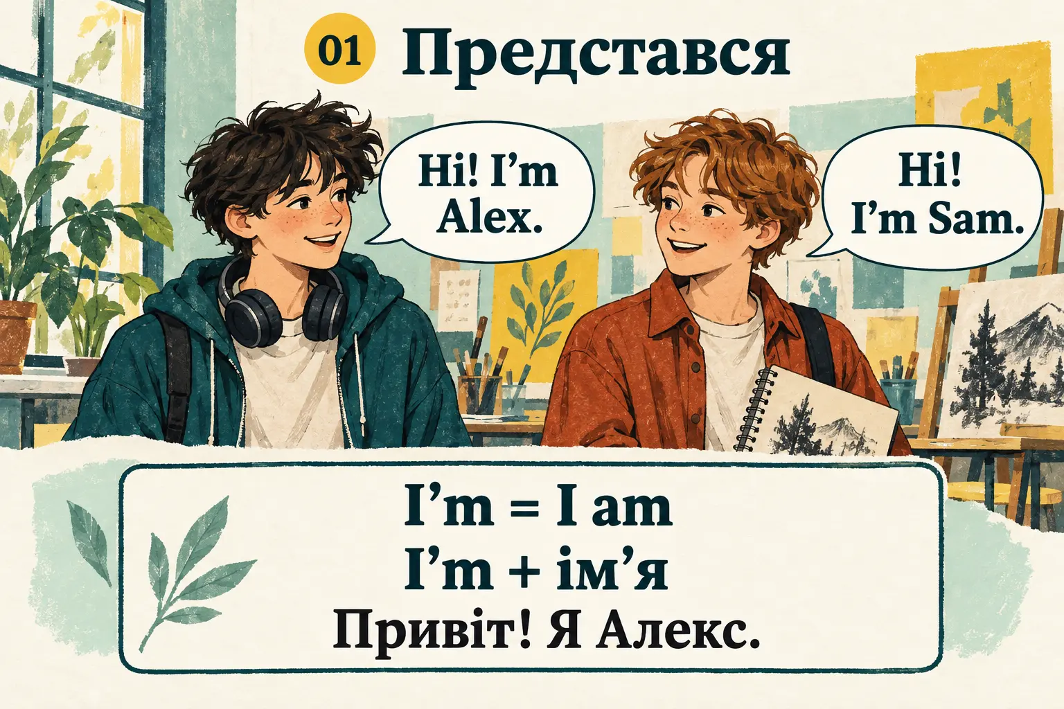 Персонажі Алекс і Сем знайомляться; зразки Hi! I’m Alex та Hi! I’m Sam.