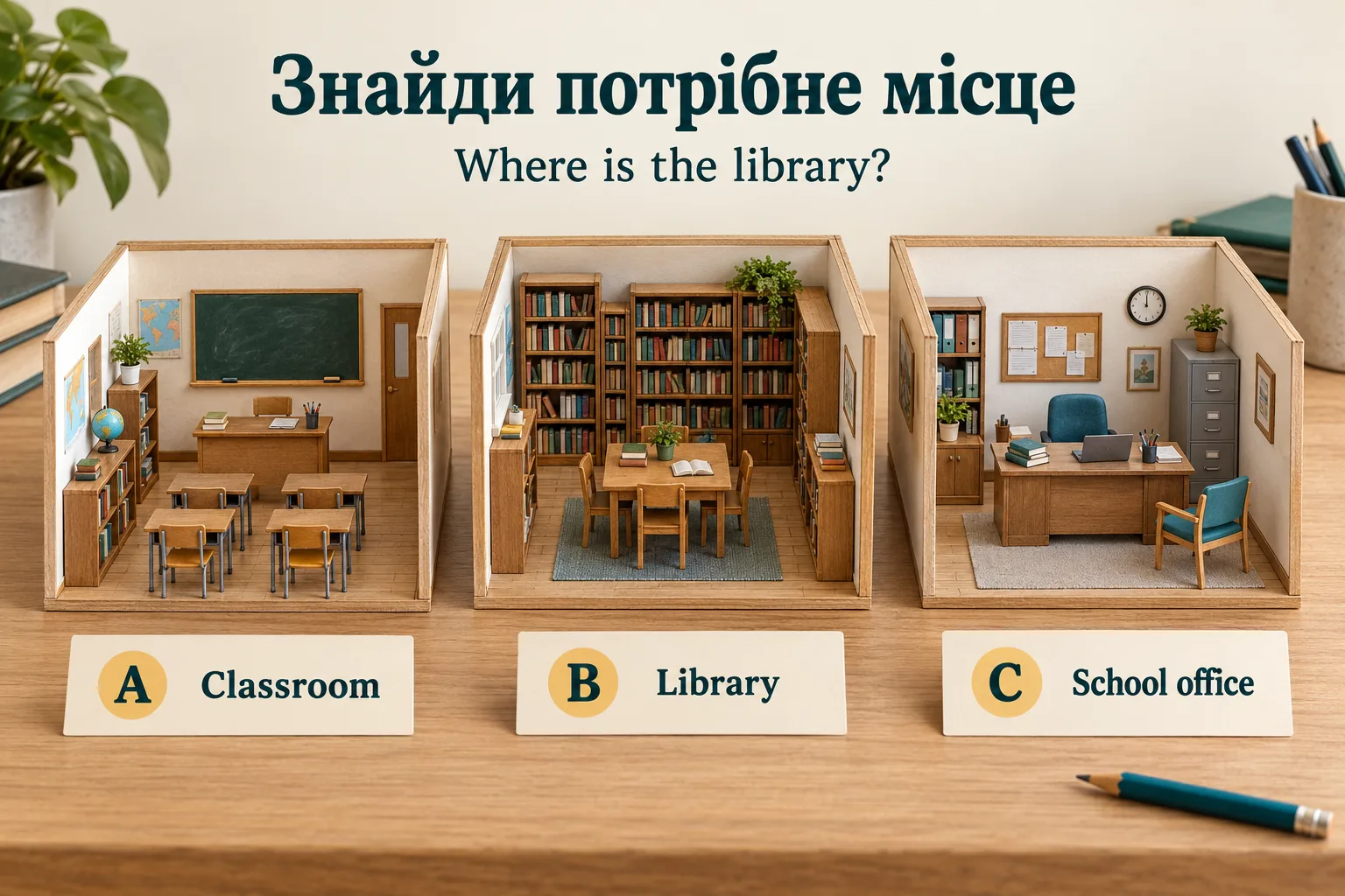 Три макети шкільних приміщень: A Classroom — клас, B Library — бібліотека, C School office — шкільний офіс