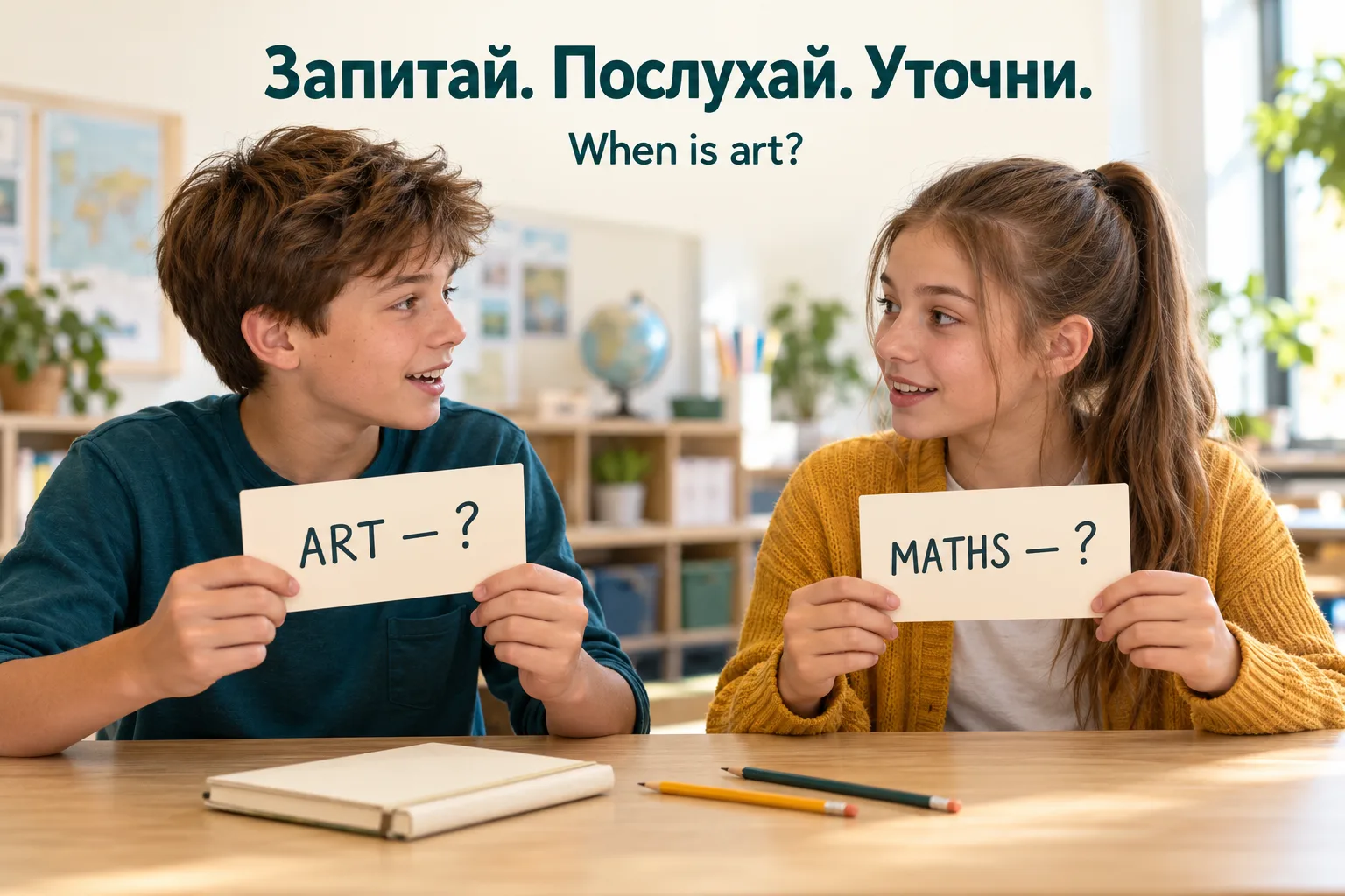 Двоє учнів розмовляють за столом, тримаючи картки ART — ? та MATHS — ?; угорі питання When is art?