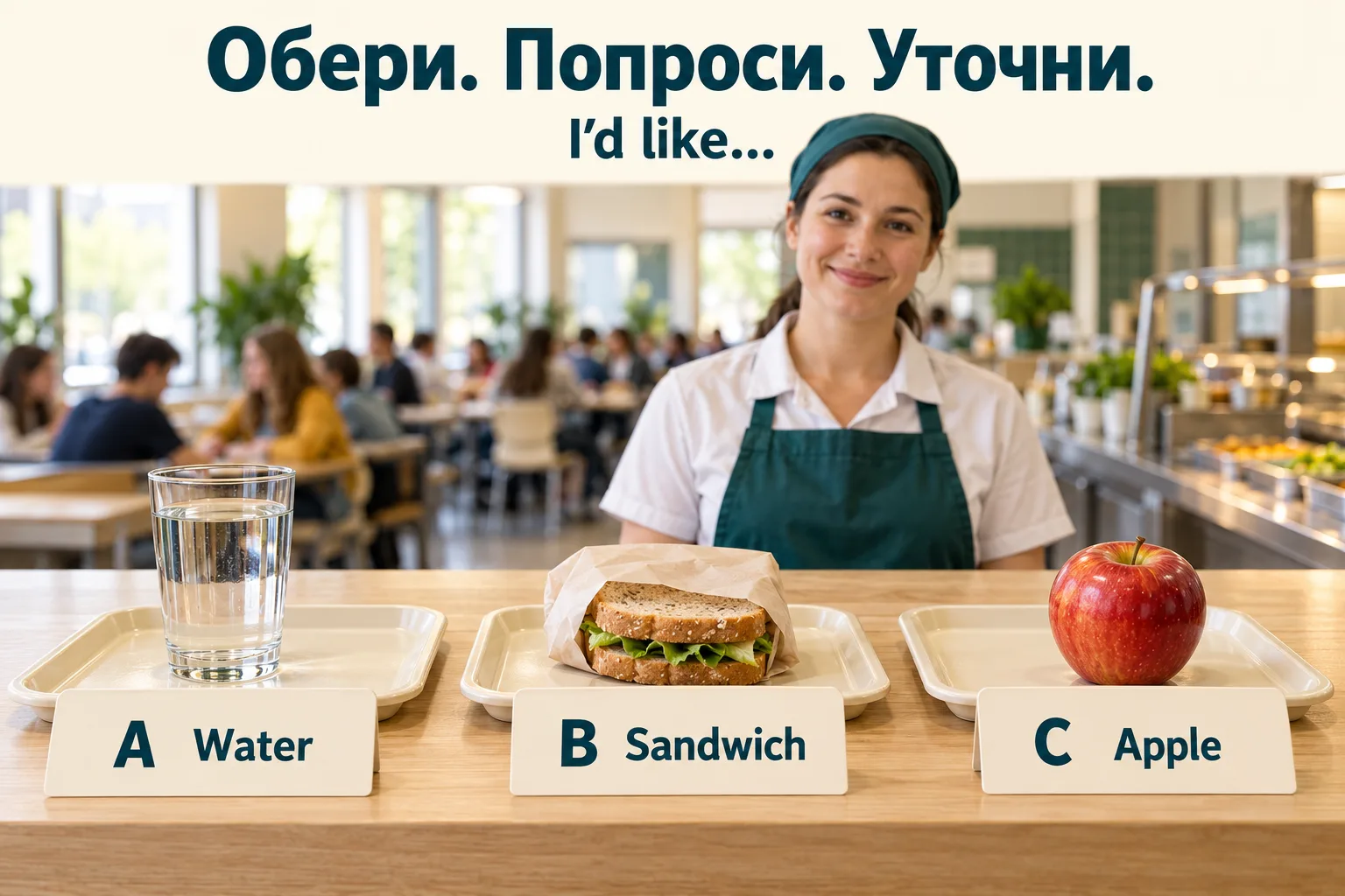 На прилавку їдальні три таці: A Water — вода, B Sandwich — сендвіч, C Apple — яблуко; позаду працівниця