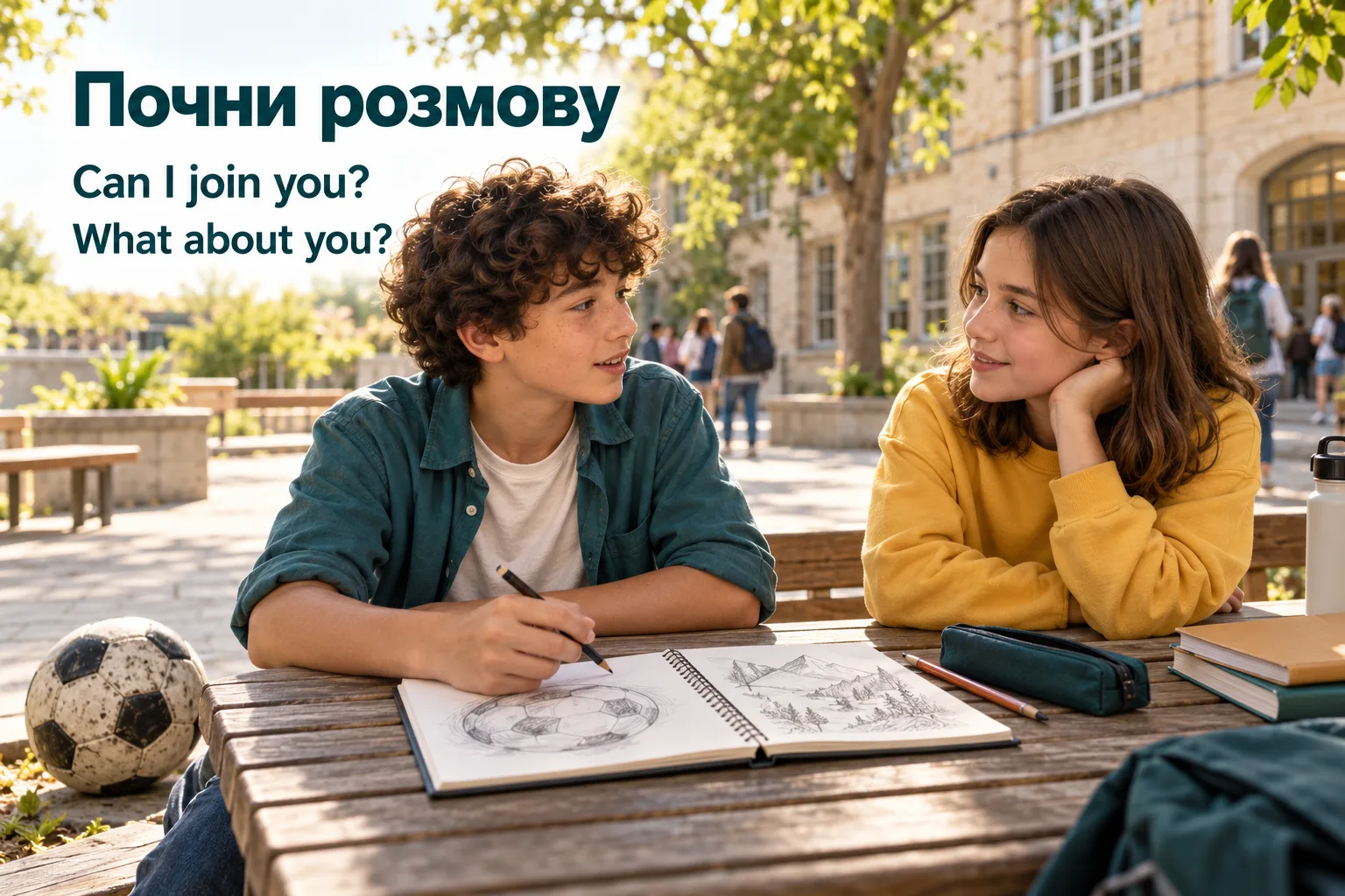 Двоє школярів розмовляють біля альбому для малювання та футбольного м’яча; написи Can I join you? і What about you?