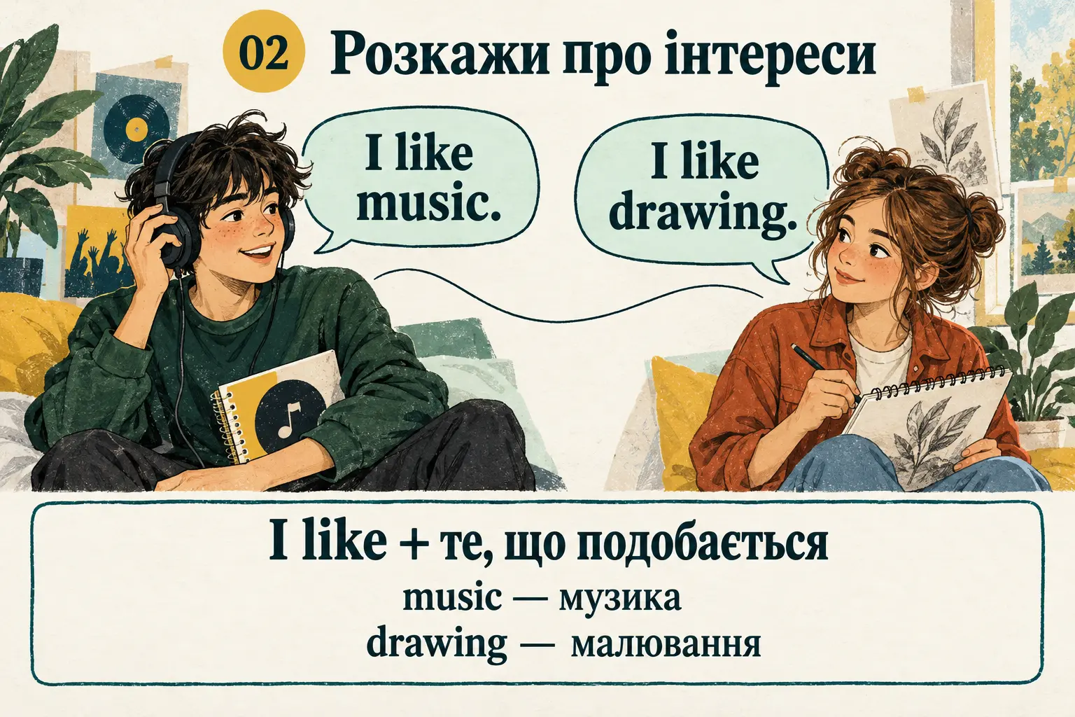 Ілюстрації музики й малювання та зразки I like music і I like drawing.