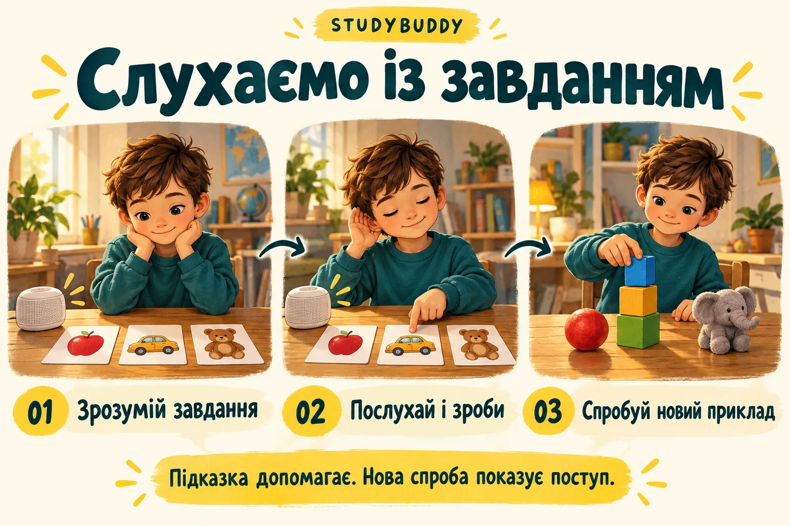 Три ілюстровані кроки: зрозуміти завдання, послухати й зробити, спробувати новий приклад