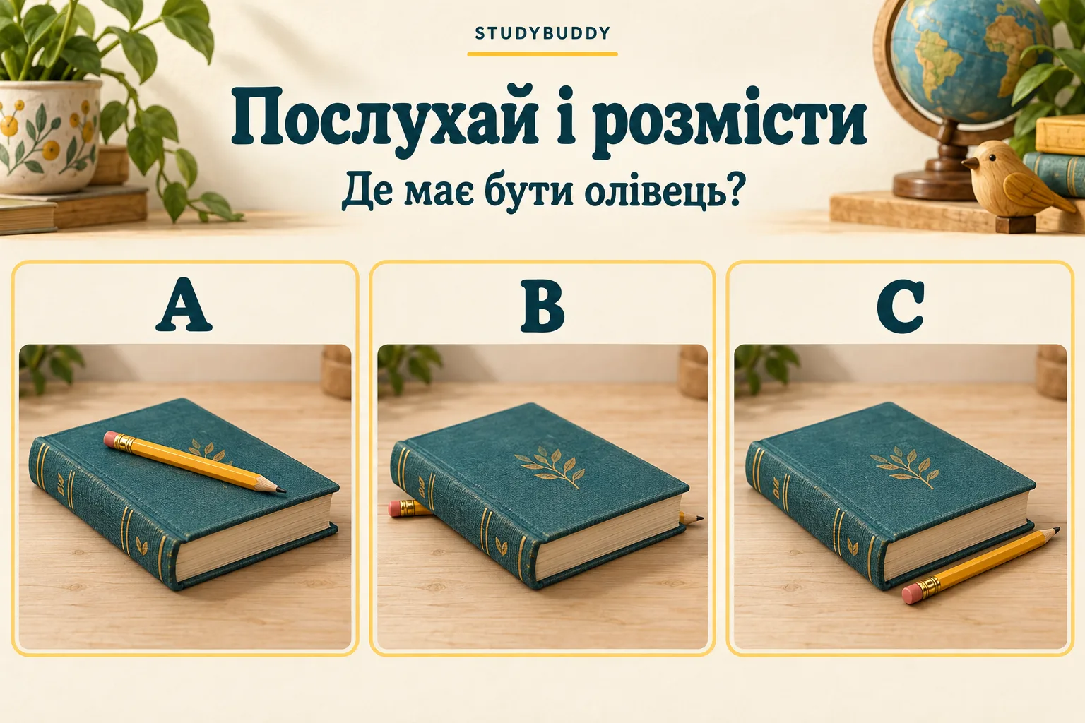 Три варіанти: олівець на книжці, під книжкою та поряд із книжкою
