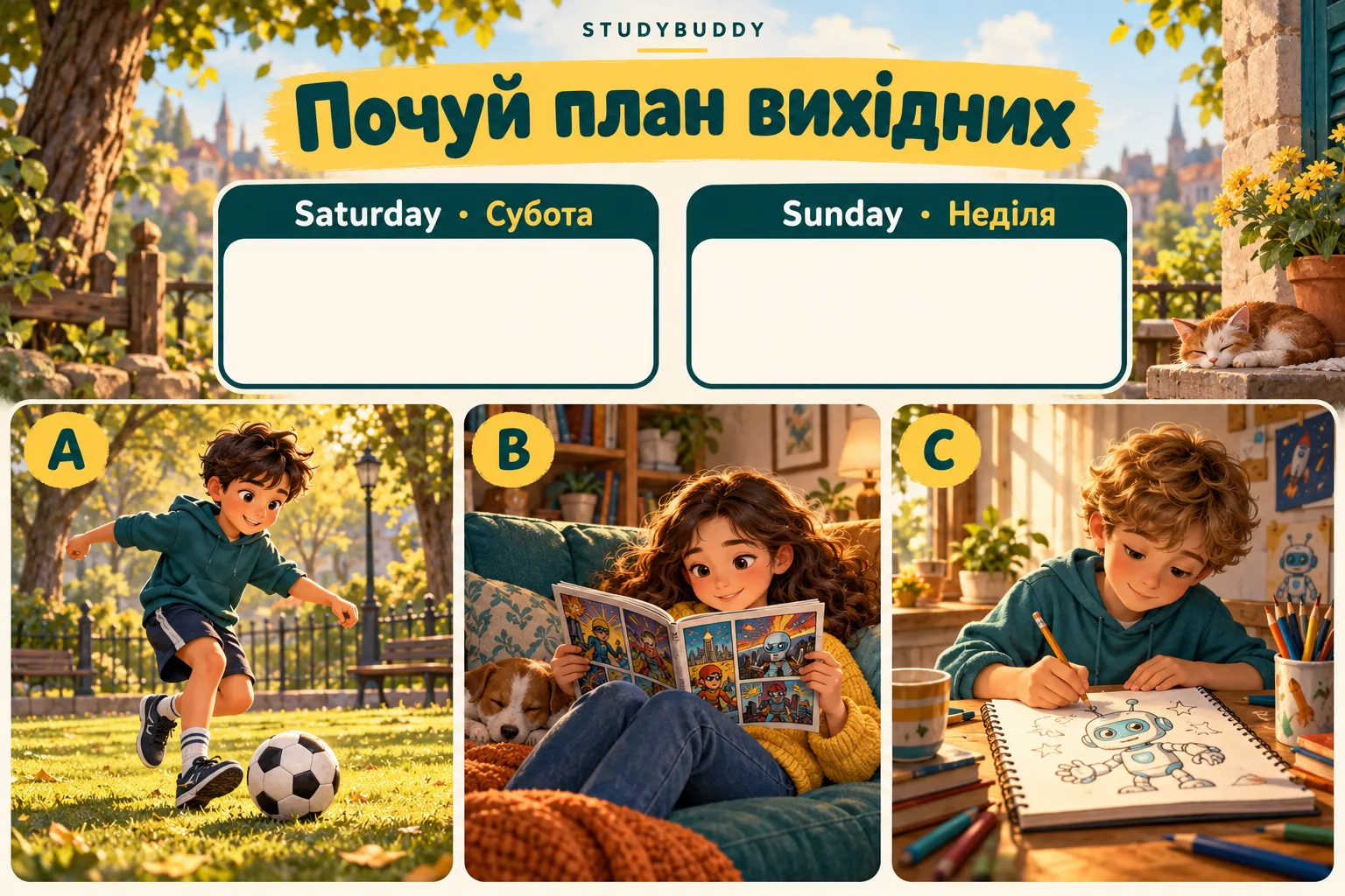Порожні поля Saturday і Sunday та три заняття на вибір: футбол, читання коміксів і малювання робота