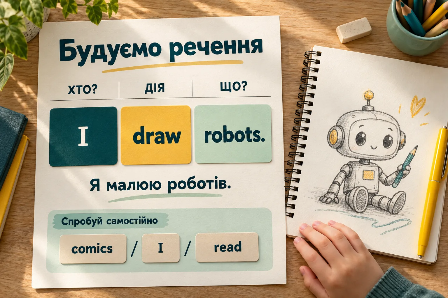 Навчальна картка зі схемою хто, дія, що та прикладом I draw robots