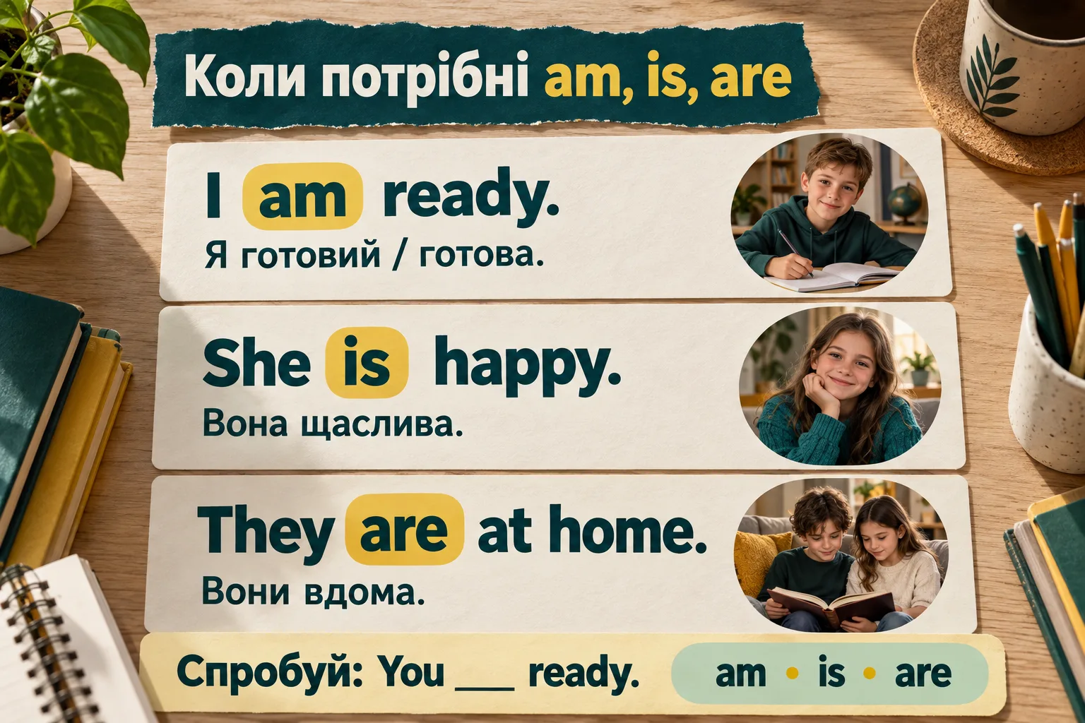 Три приклади з am, is, are: I am ready, She is happy, They are at home