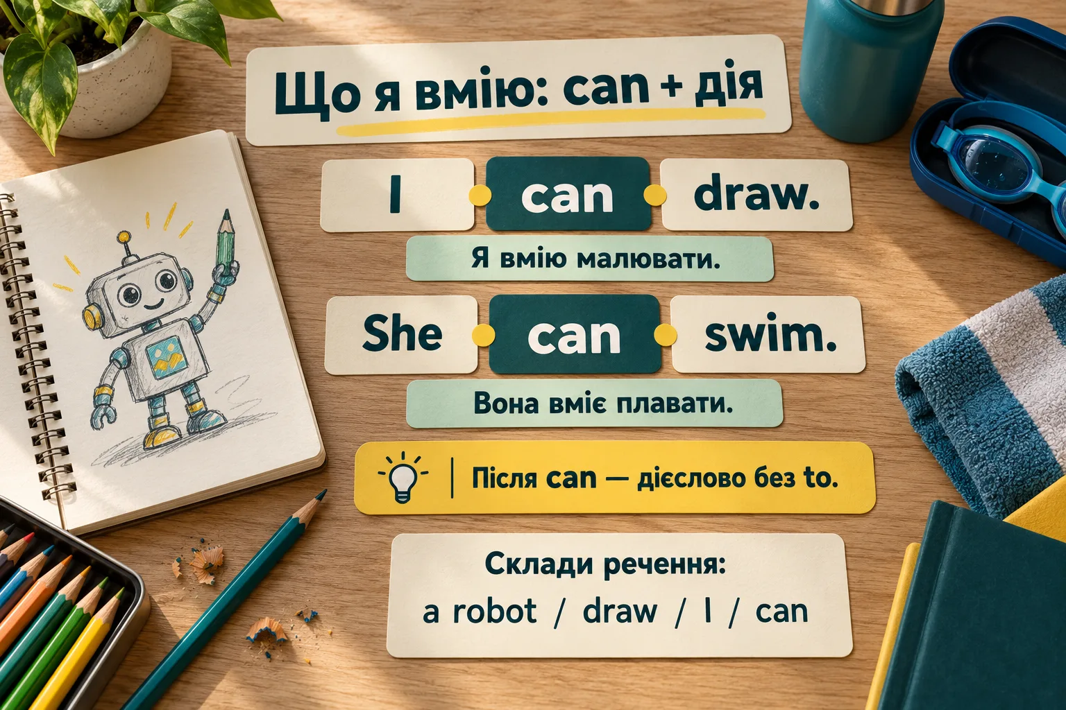 Картка про can із прикладами I can draw та She can swim і завданням про робота