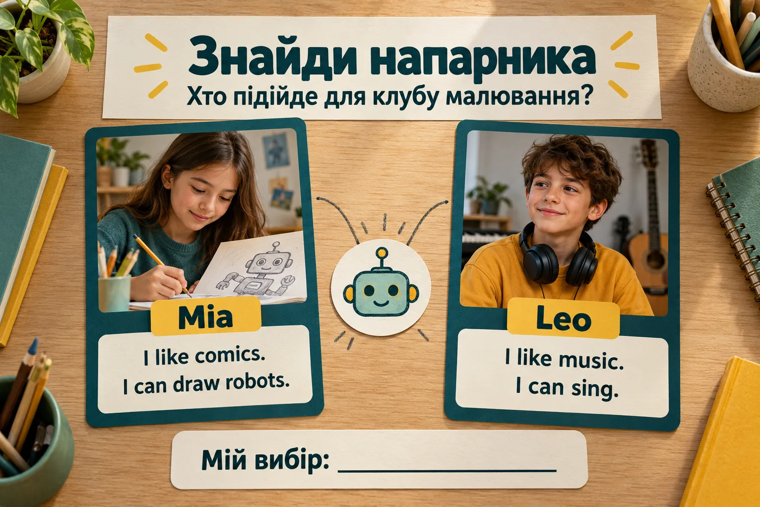 Мія й Лео з картками вподобань та вмінь: Мія малює роботів, Лео співає