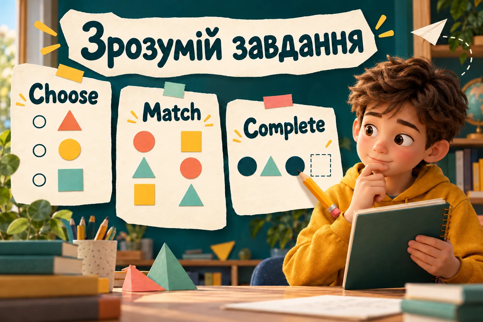 Школяр із зошитом і три картки інструкцій Choose, Match та Complete з геометричними фігурами.