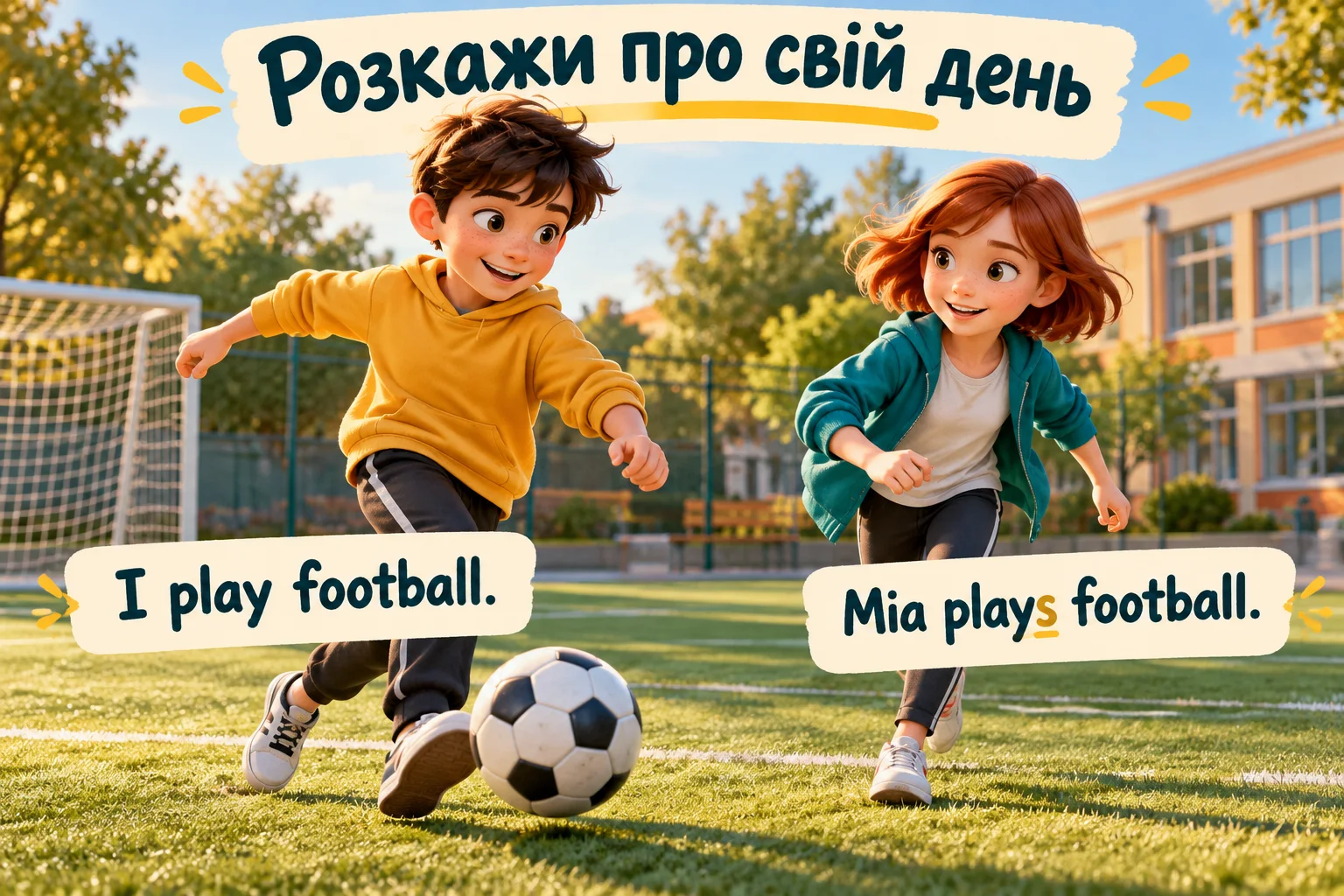Хлопчик і дівчинка грають у футбол; приклади I play football та Mia plays football із виділеним закінченням s.