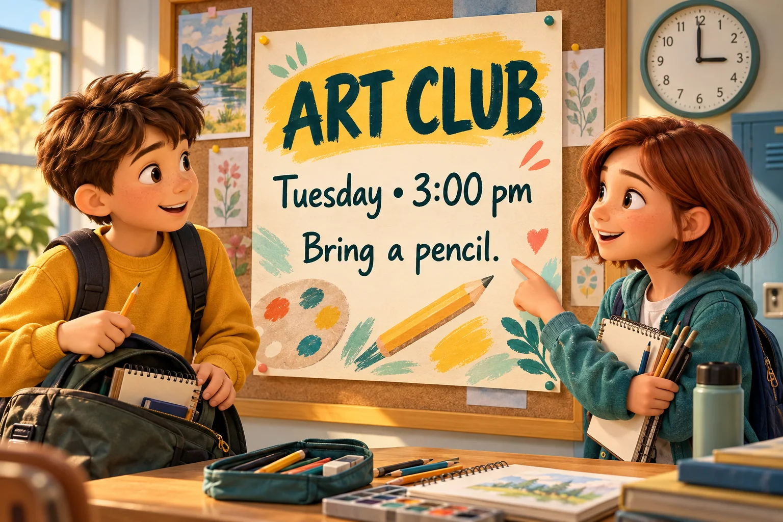 Двоє школярів читають оголошення ART CLUB: Tuesday, 3:00 pm, Bring a pencil; годинник показує третю годину.