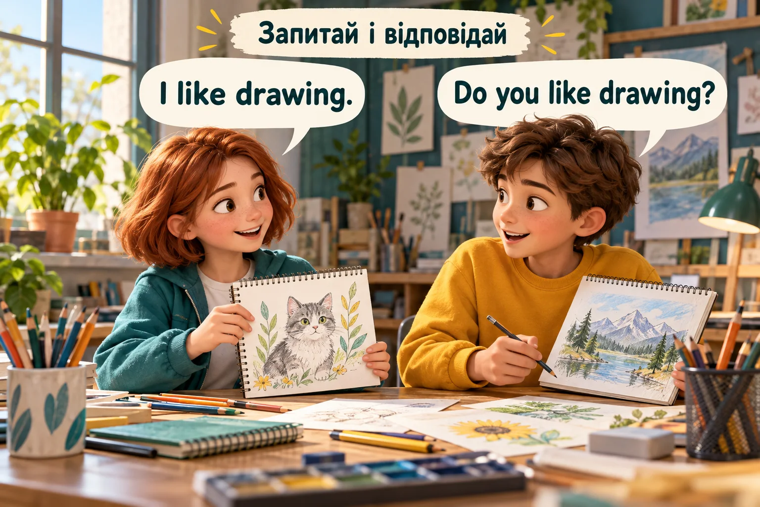 Дівчинка й хлопчик зі скетчбуками обговорюють малювання: I like drawing та Do you like drawing?