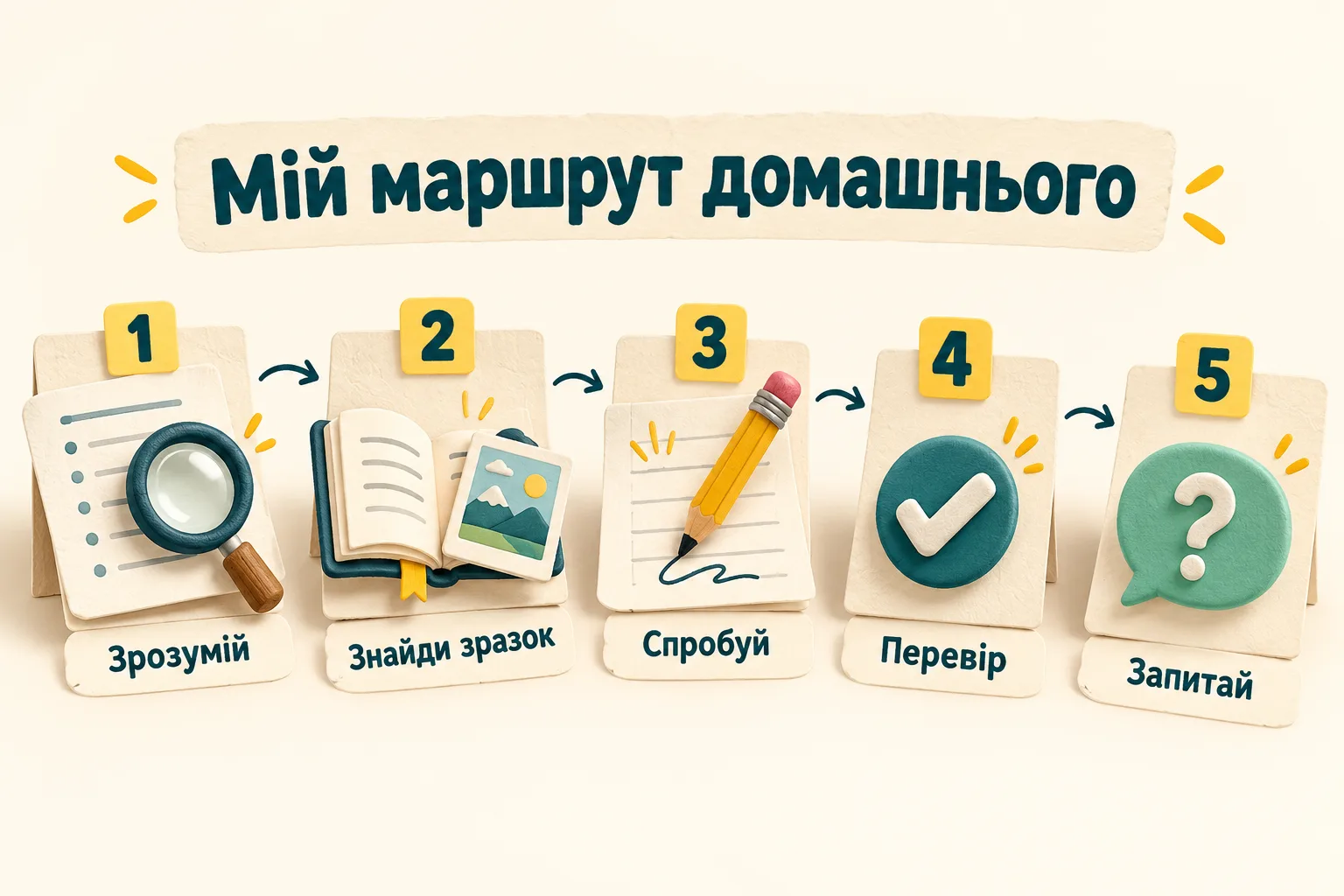 П’ять кроків домашнього: зрозумій, знайди зразок, спробуй, перевір і запитай