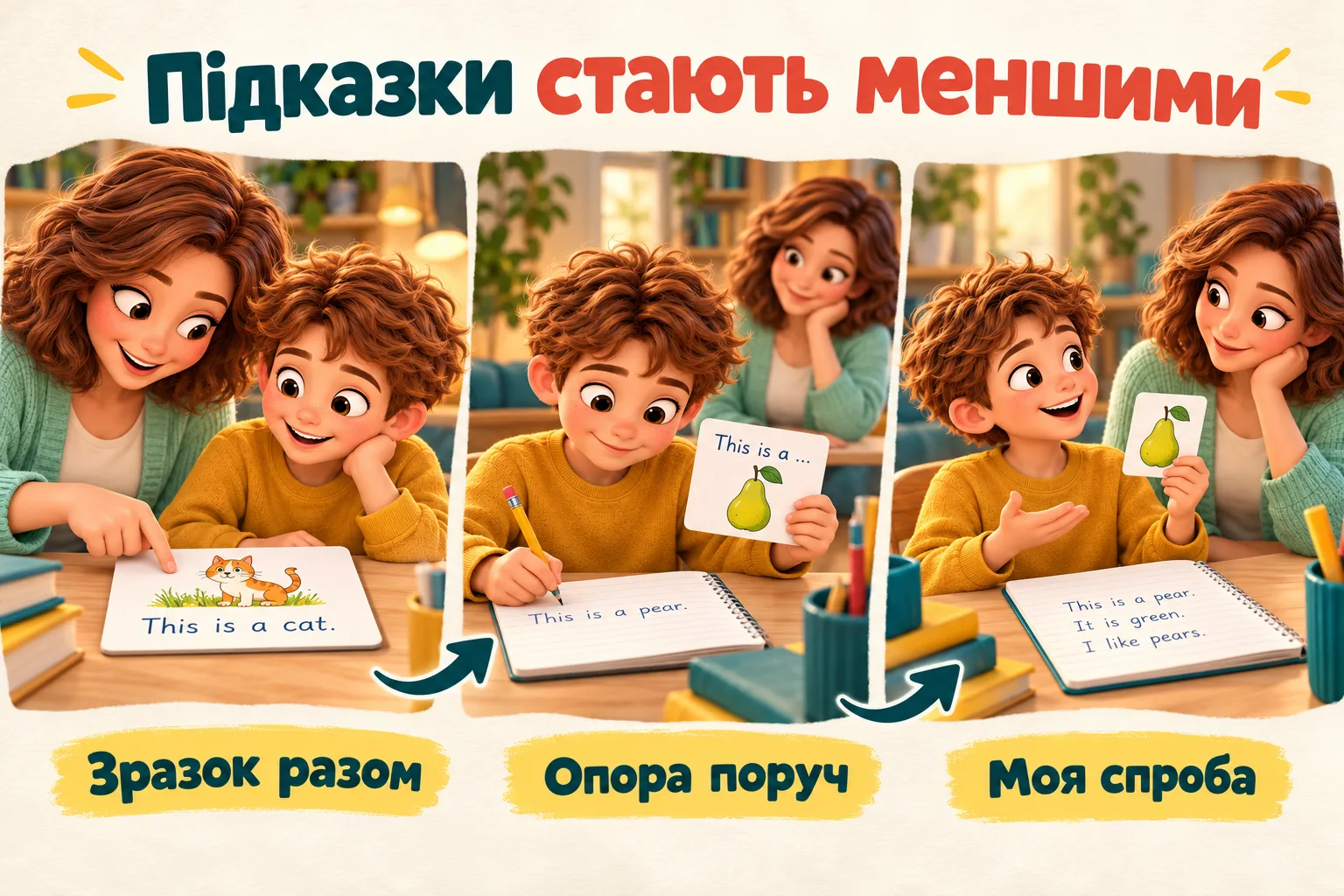 Три сцени: дорослий показує зразок, дитина працює з опорою і пояснює власну відповідь