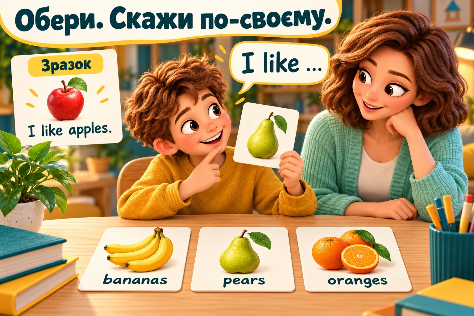 Хлопчик обирає грушу, поряд зразок I like apples і картки bananas, pears, oranges