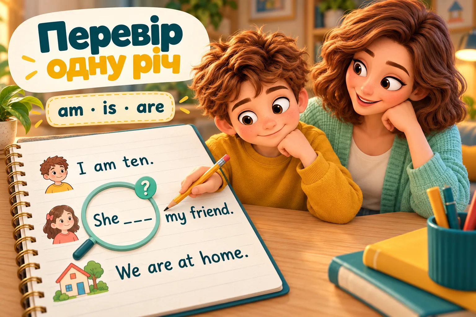 Хлопчик перевіряє три речення в зошиті, у She ___ my friend залишено пропуск для am, is або are