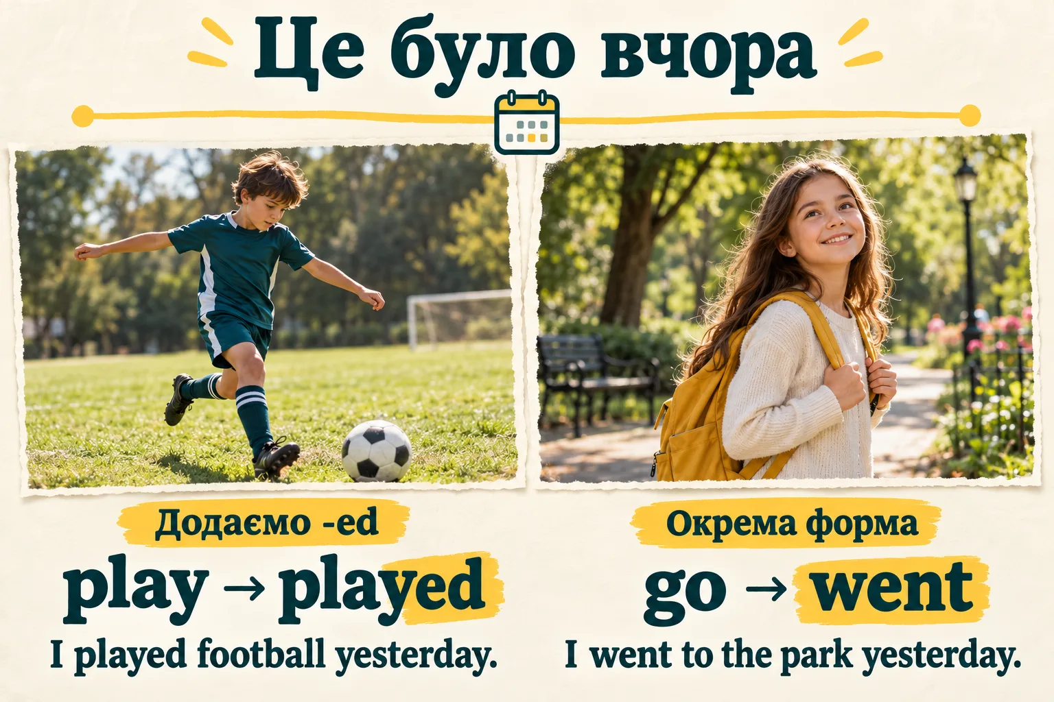 Гра у футбол і прогулянка парком: приклади play → played та go → went про вчора
