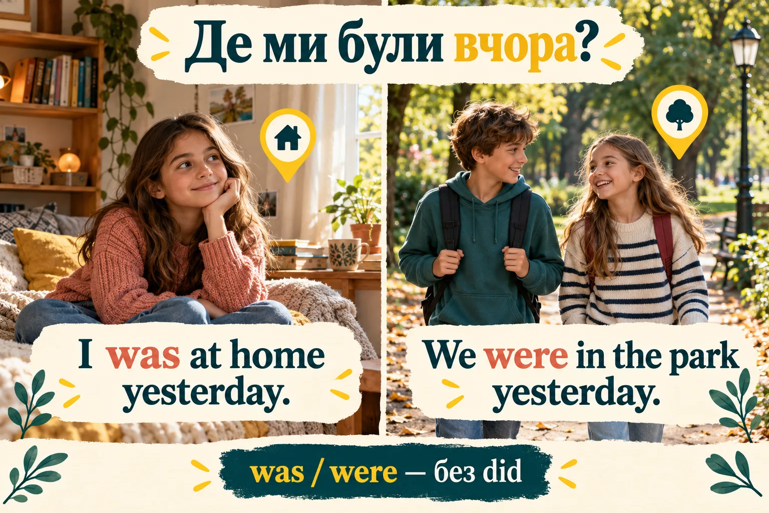 Дівчинка вдома і двоє дітей у парку: приклади I was та We were про вчора