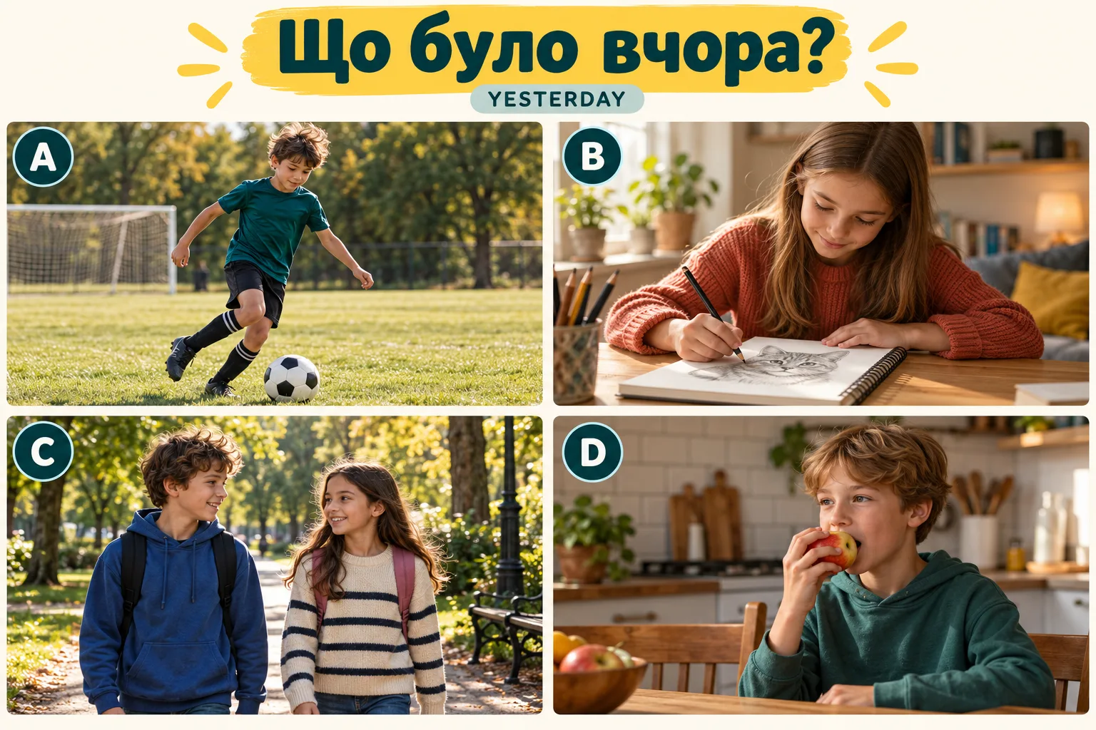 Чотири вчорашні ситуації: футбол, малювання, діти в парку та хлопчик із яблуком