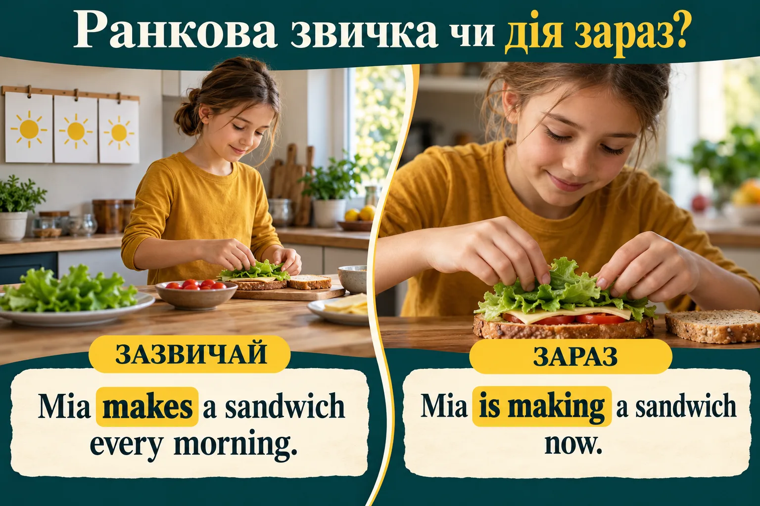 Мія готує сендвіч: ранкова звичка й приготування зараз
