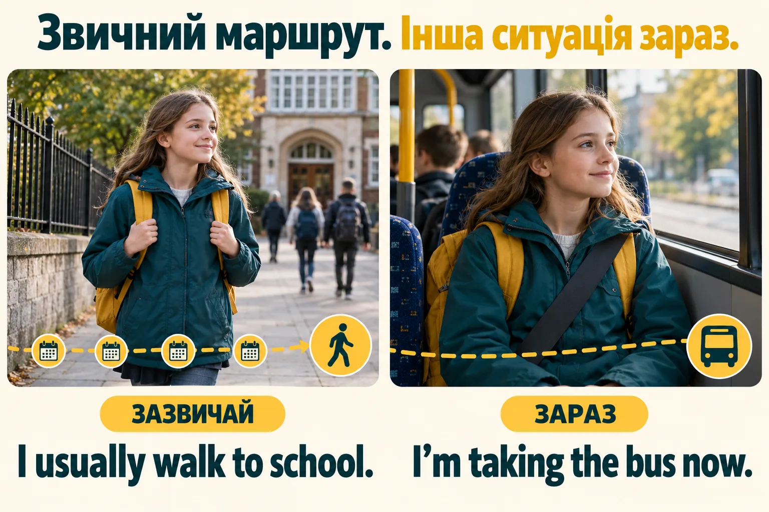 Дівчинка зазвичай іде до школи пішки, але зараз їде автобусом