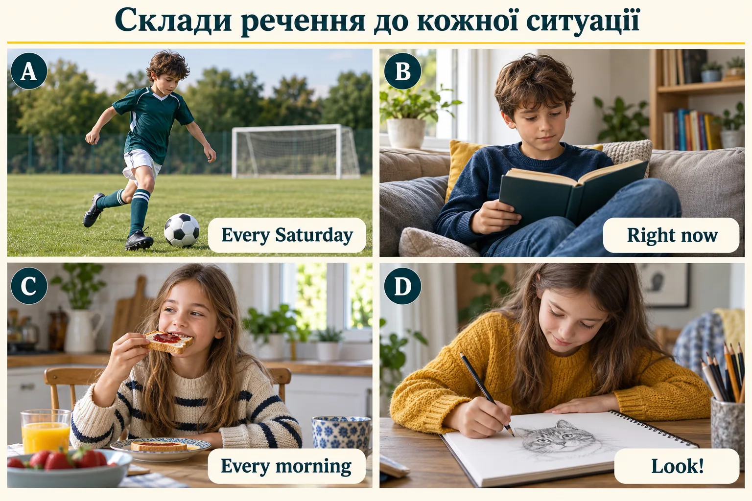 Чотири ситуації: футбол щосуботи, читання в цей момент, сніданок щоранку та малювання зараз