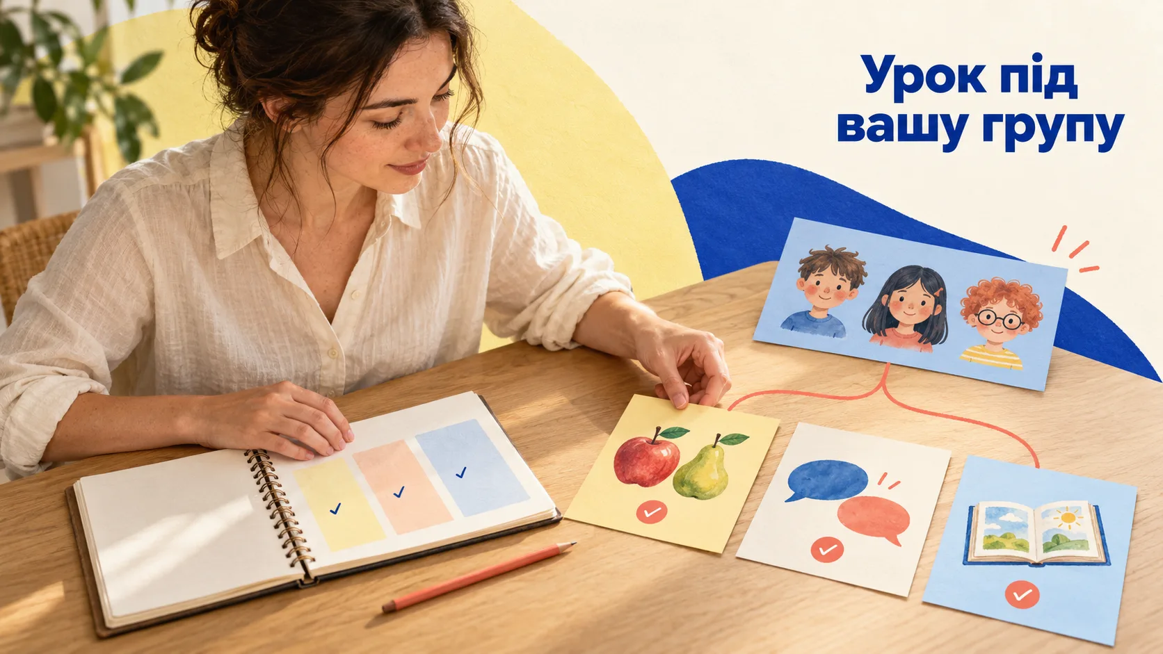 Ілюстративна сцена знайомства: викладачка, двоє дітей і картки мовних умінь.