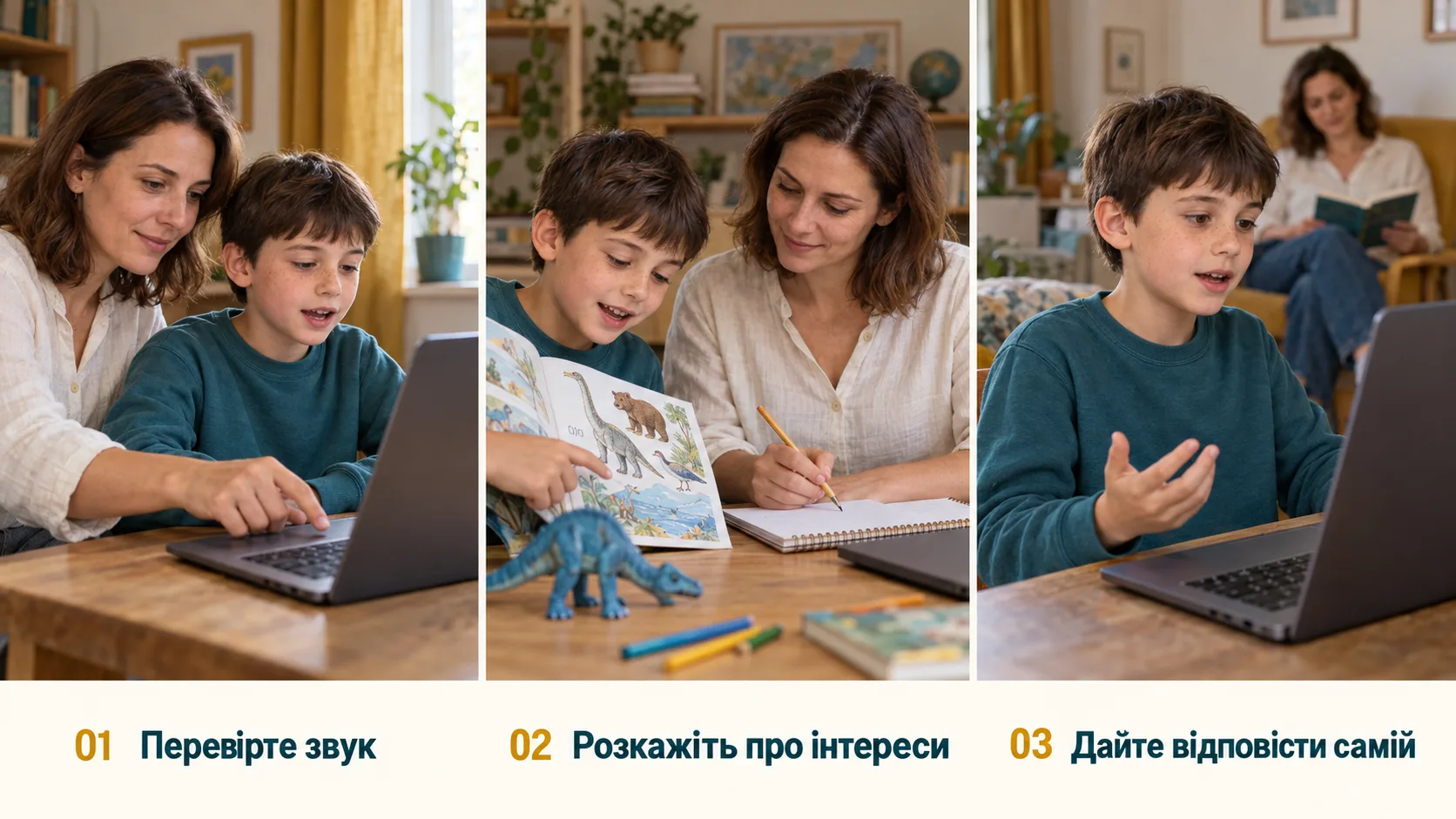 Ілюстрація мами з дитиною під час онлайн-знайомства з викладачкою.