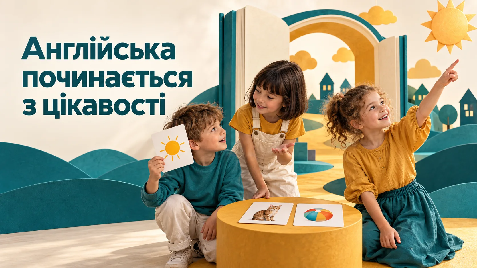 Ілюстрація дитини вдома біля ноутбука з викладачкою та трьома іншими учнями онлайн.