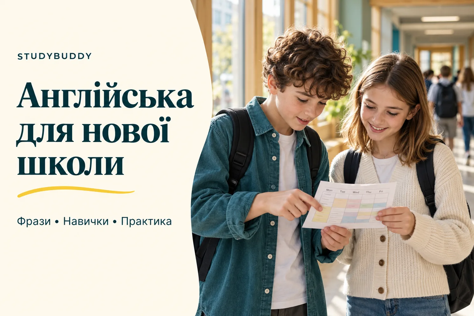 Двоє школярів із рюкзаками розглядають паперовий розклад; поруч напис «Англійська для нової школи»