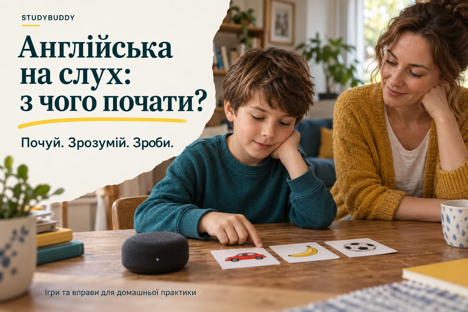 Англійська на слух: хлопчик слухає настільну колонку й обирає картку, мама спостерігає поряд