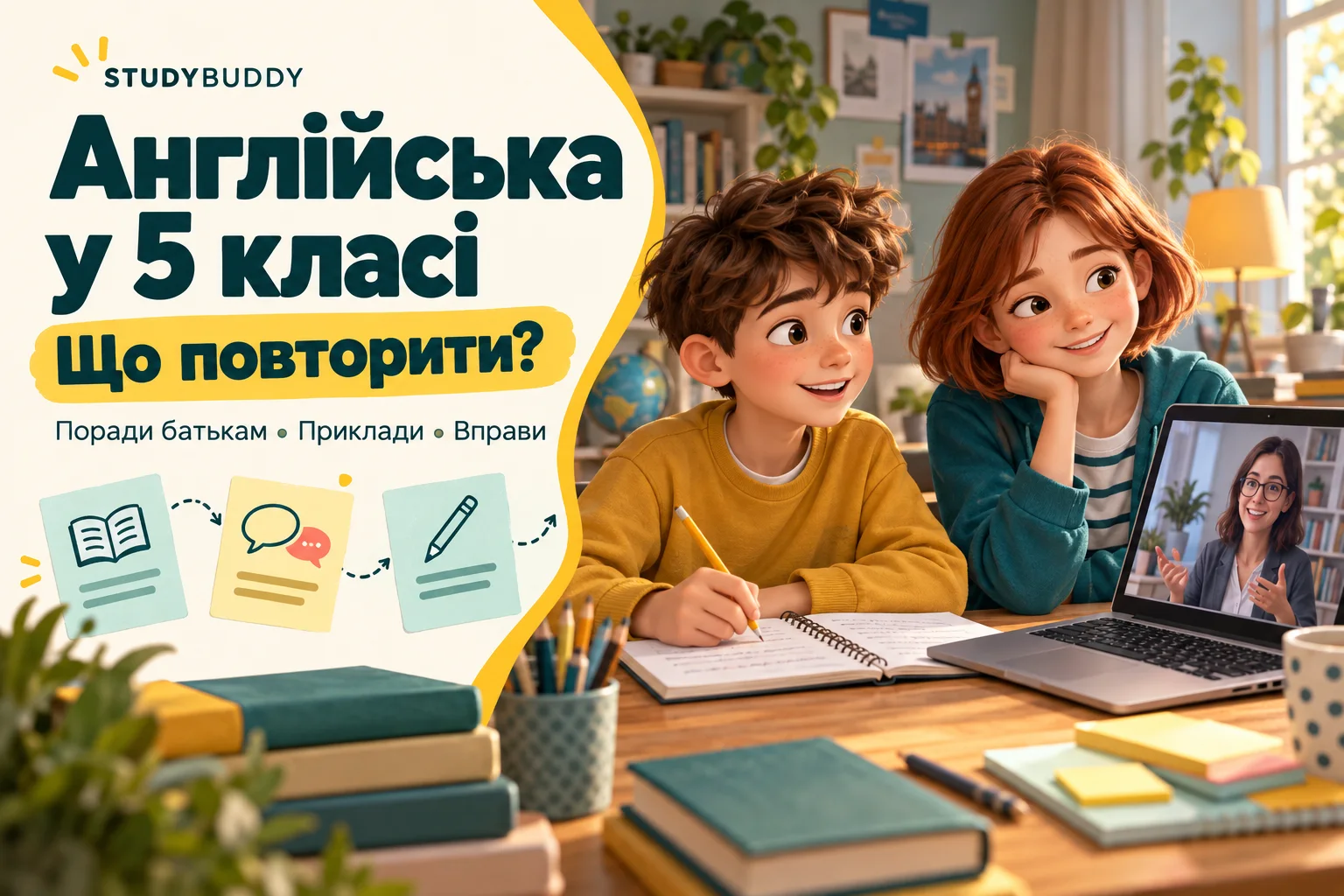 Постер «Англійська у 5 класі: що повторити?» — двоє школярів із зошитом і викладач на екрані ноутбука.