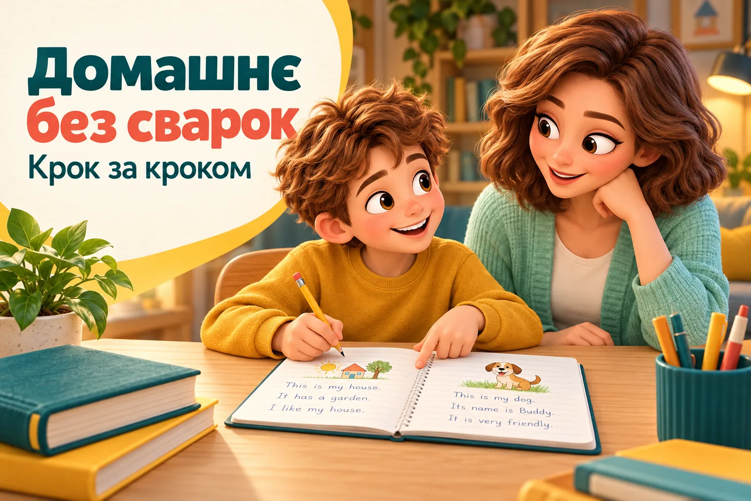 Хлопчик пояснює власне домашнє завдання мамі: ілюстрація до статті про самостійну роботу