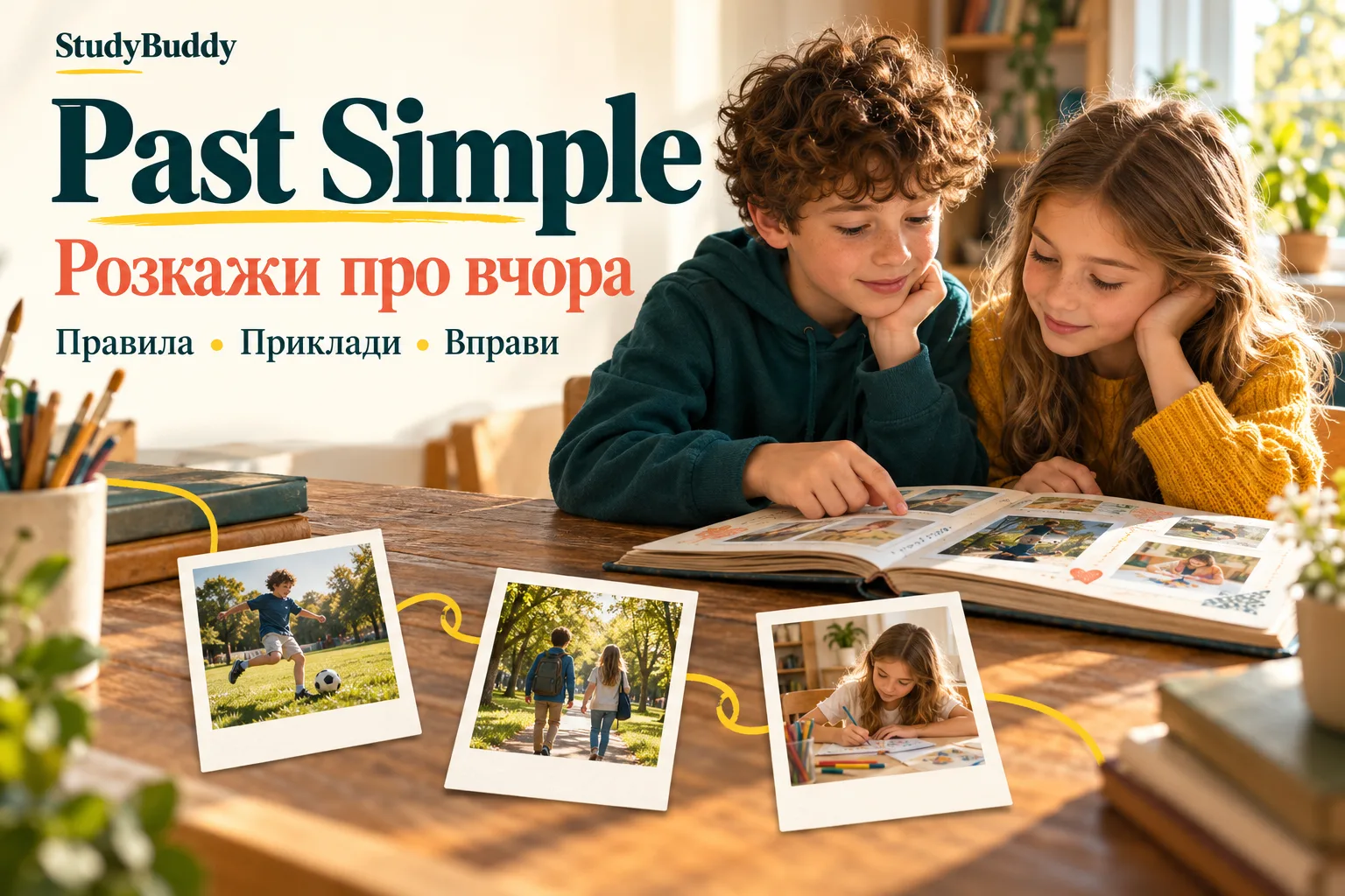 Постер Past Simple: діти розглядають альбом зі спогадами про футбол, парк і малювання