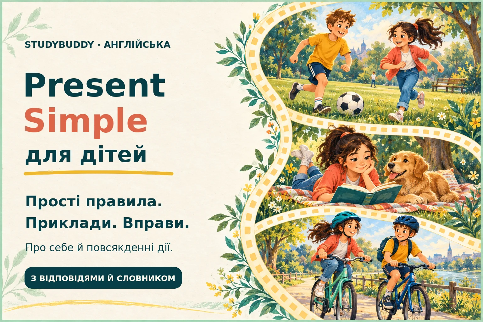 Present Simple для дітей: мальовані сцени гри у футбол, читання й катання на велосипедах